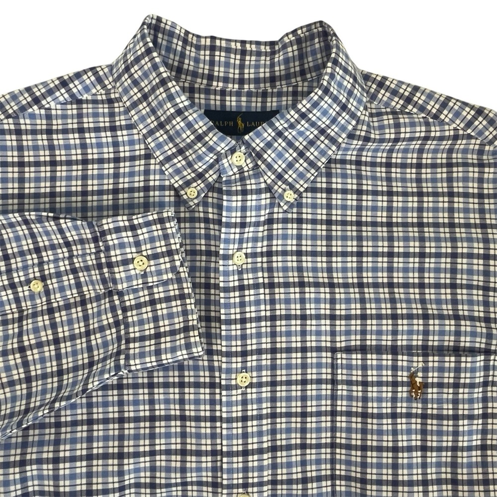 Ralph Lauren Men's Size XXL Long Sleeve Button Down Shirt Plaid Blue Cotton